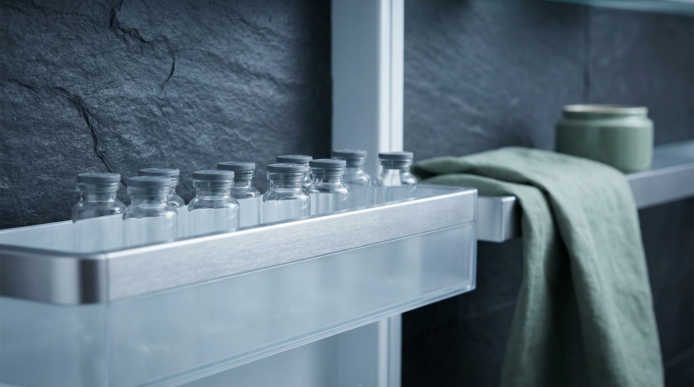 Clean editorial still life with sealed research vials arranged on refrigerator shelf representing proper peptide cold storage