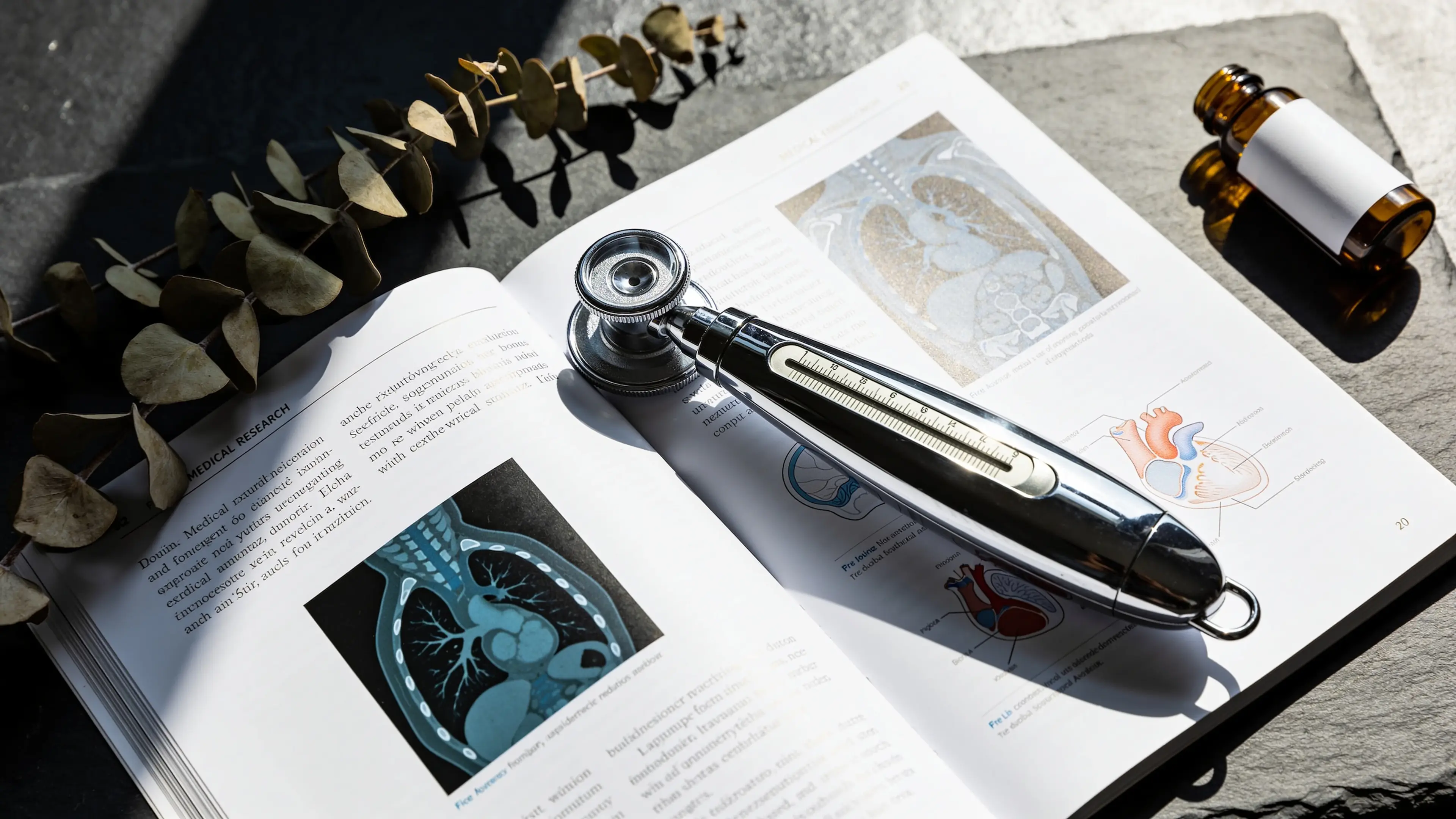 Clinical editorial still life with research journal and vial illustrating tesamorelin visceral fat research