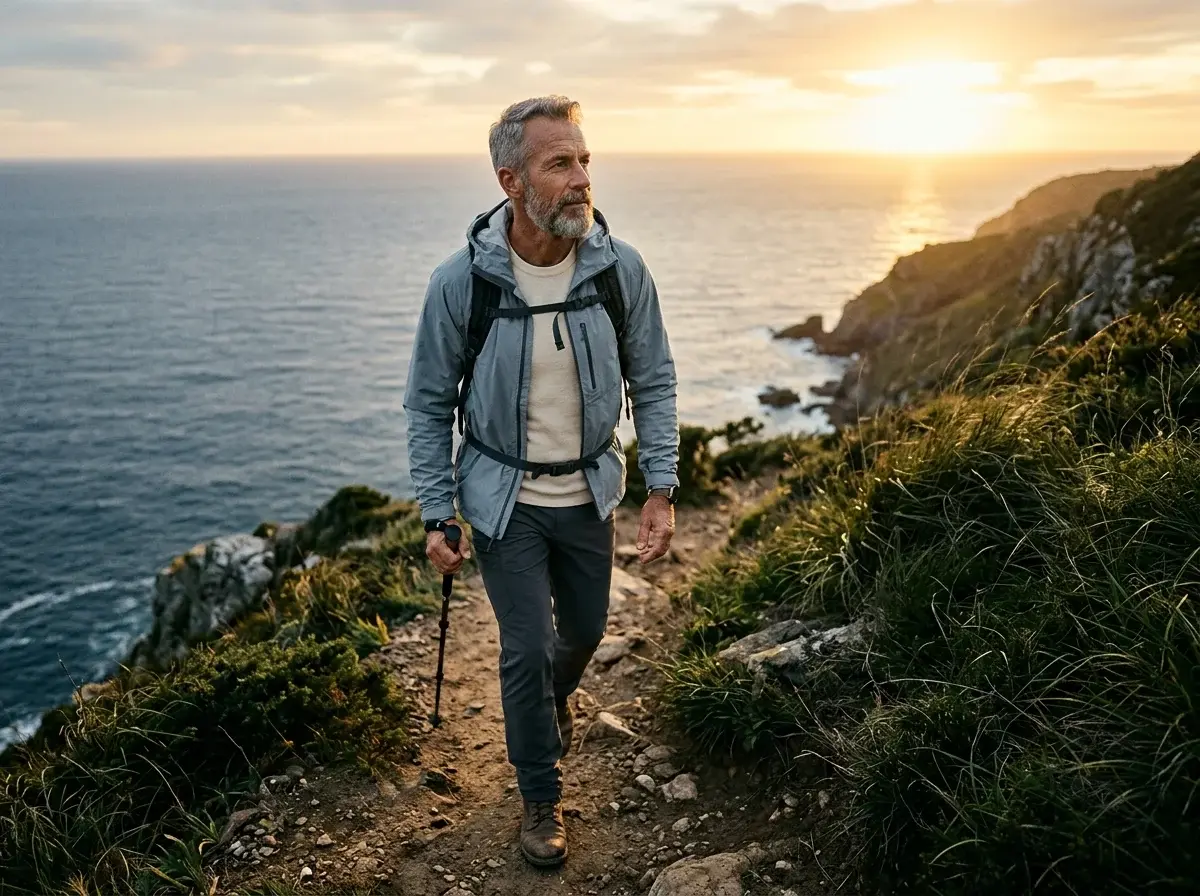 Active man hiking a coastal cliff trail at sunrise