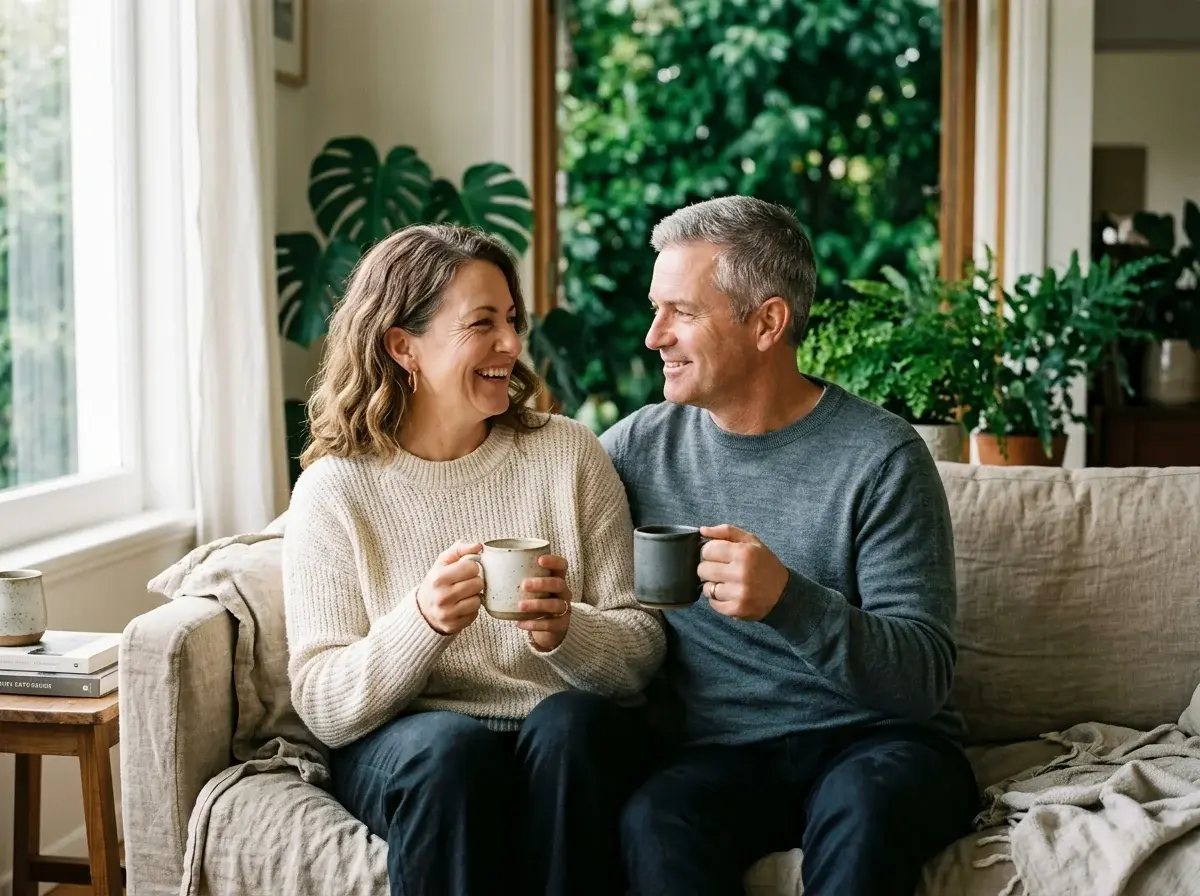 Mature couple sharing a quiet morning coffee at home